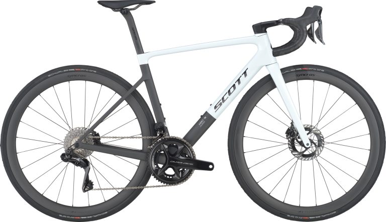 Scott Addict RC Pro 2025, vélo de route carbone blanc et noir, vue de profil