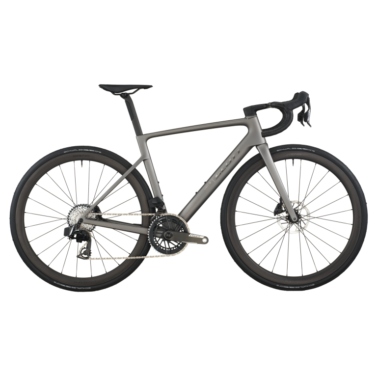 Scott Addict RC Team 2026, vélo de route carbone gris tungstène, vue de profil