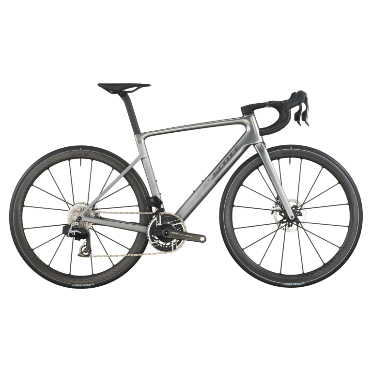 Scott Addict RC Ultimate 2026, vélo de route carbone coloris chrome silver, vue de profil