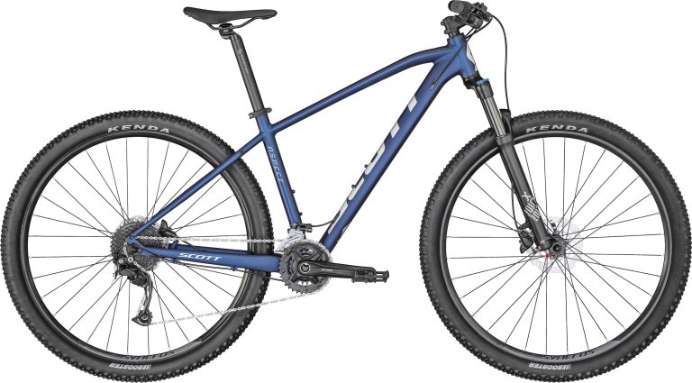 Scott Aspect 740 2024, VTT semi-rigide aluminium bleu, vue de profil côté transmission