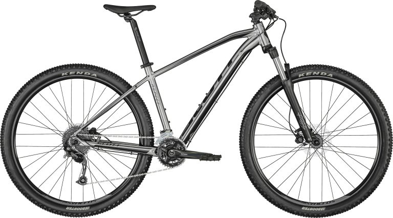 Scott Aspect 750 2024 gris, VTT semi-rigide aluminium 27,5 pouces, vue de profil