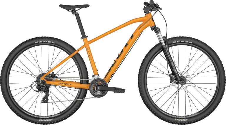 Scott Aspect 760 orange 2024, VTT semi-rigide aluminium en 27,5 pouces, vue de profil
