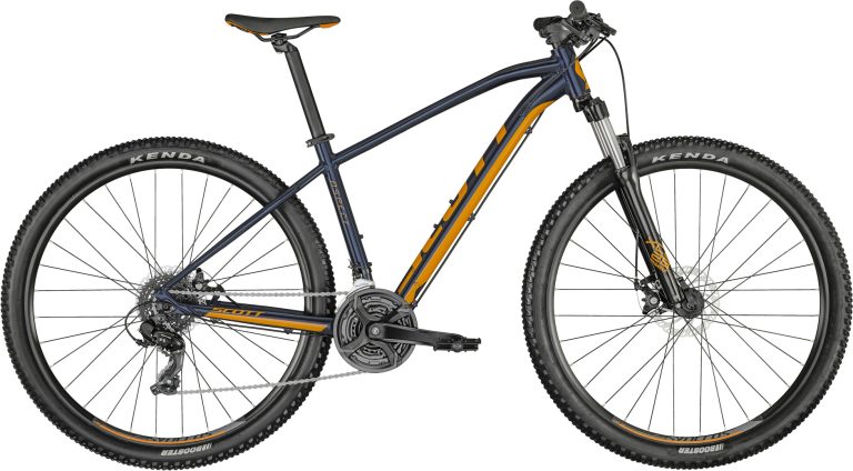 Scott Aspect 970 bleu 2024, VTT semi-rigide 29 pouces à triple plateau, vue de profil