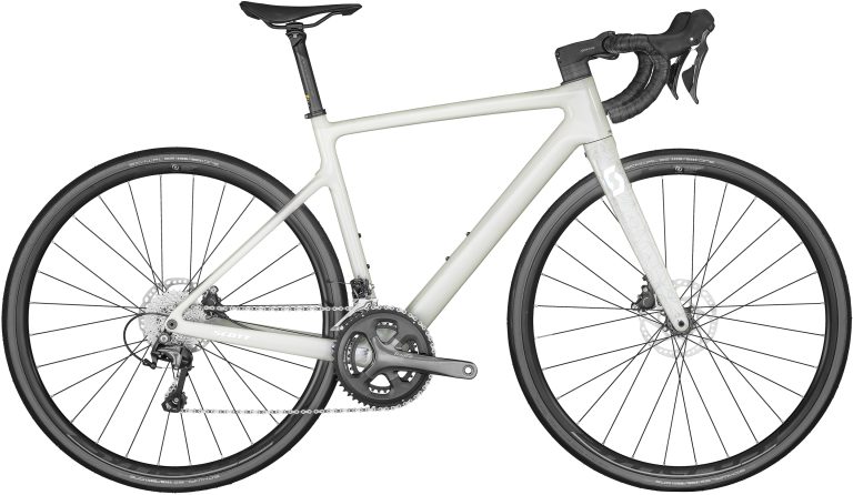 Scott Contessa Addict 35 2024, vélo de route carbone blanc perle, vue de profil