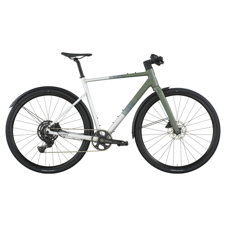 Scott Metrix 30 EQ 2026, vélo de trekking équipé vert et argent, vue de profil