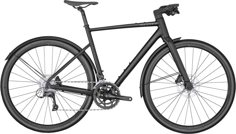 Scott Metrix 30 EQ 2024, vélo de trekking à cintre plat et cadre aluminium noir, vue de profil