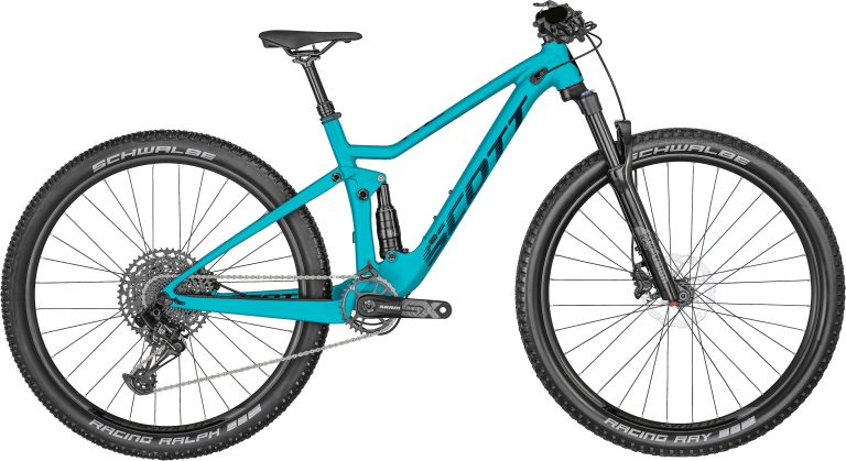 Scott Spark 700 2024, VTT junior tout-suspendu 27,5 pouces coloris Cerulean Blue, vue de profil