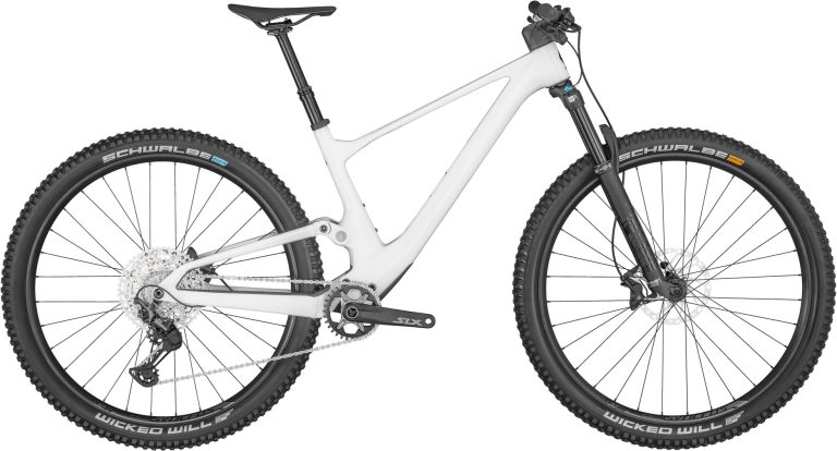 Scott Spark 930 2024 blanc, VTT tout-suspendu carbone à commande TwinLoc, vue de profil
