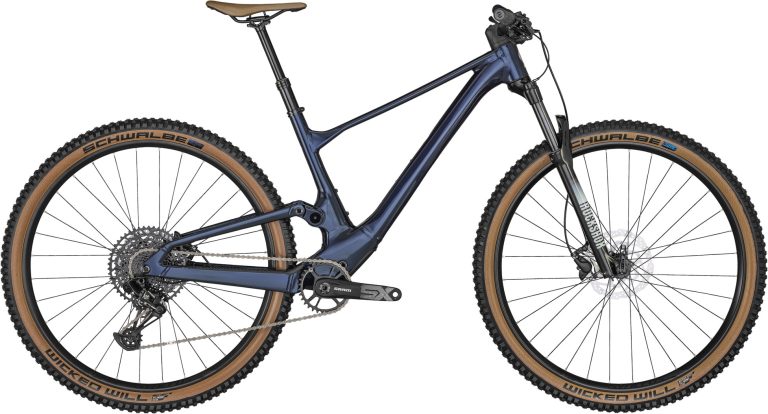 Scott Spark 970 bleu 2024, VTT tout-suspendu de cross-country aluminium, vue de profil
