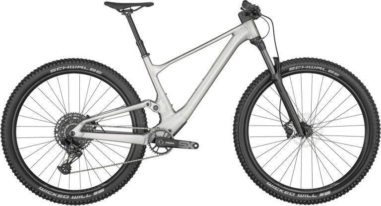Scott Spark 970 gris 2024, VTT tout-suspendu de cross-country en aluminium, vue de profil