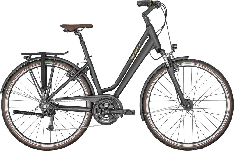 Scott Sub Comfort 10 Unisex 2024, vélo de ville gris foncé à fourche suspendue, vue de profil