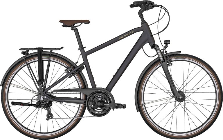 Scott Sub Comfort 20 Men 2024, vélo de ville gris anodisé à fourche suspendue, vue de profil