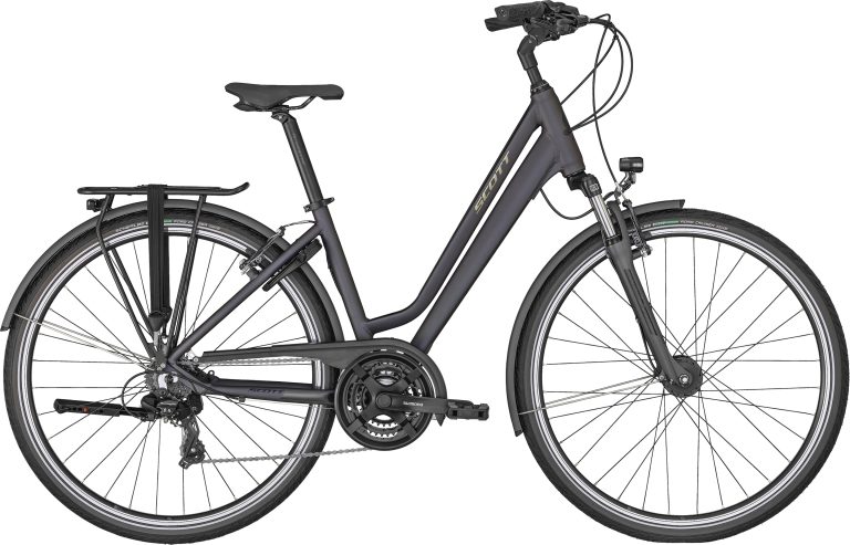 Scott Sub Comfort 20 Unisex 2024, vélo de ville gris anodisé à guidon Comfort, vue de profil