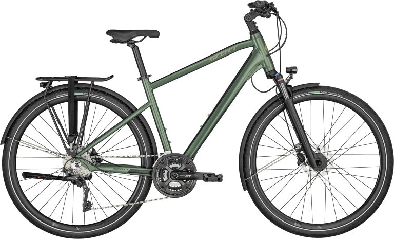 Scott Sub Sport 10 Men, vélo de ville aluminium à fourche suspendue et transmission Shimano XT, vue de profil