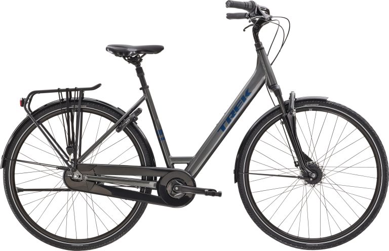 Trek District 2 Equipped Lowstep 2023, vélo de ville à cadre bas et éclairage intégré, vue de profil