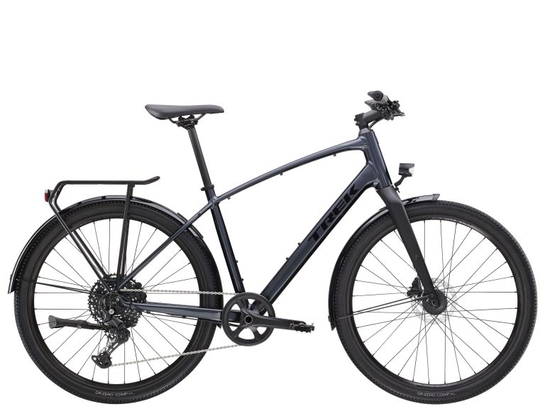 Trek Dual Sport 3 Equipped 5e génération 2024, vélo polyvalent gris à guidon plat, vue de profil