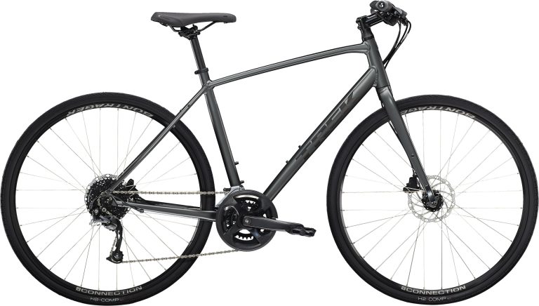 Trek FX 2 Disc 2023, vélo urbain à cintre plat et freins hydrauliques, vue de profil