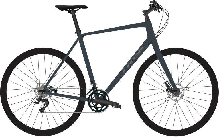 Trek FX 2 Disc Equipped 2022, vélo à guidon plat gris satiné à freins à disque, vue de profil