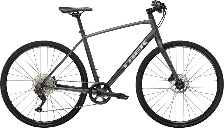 Trek FX 3 Disc 2023, vélo plat à fourche carbone et cintre IsoZone, vue de profil