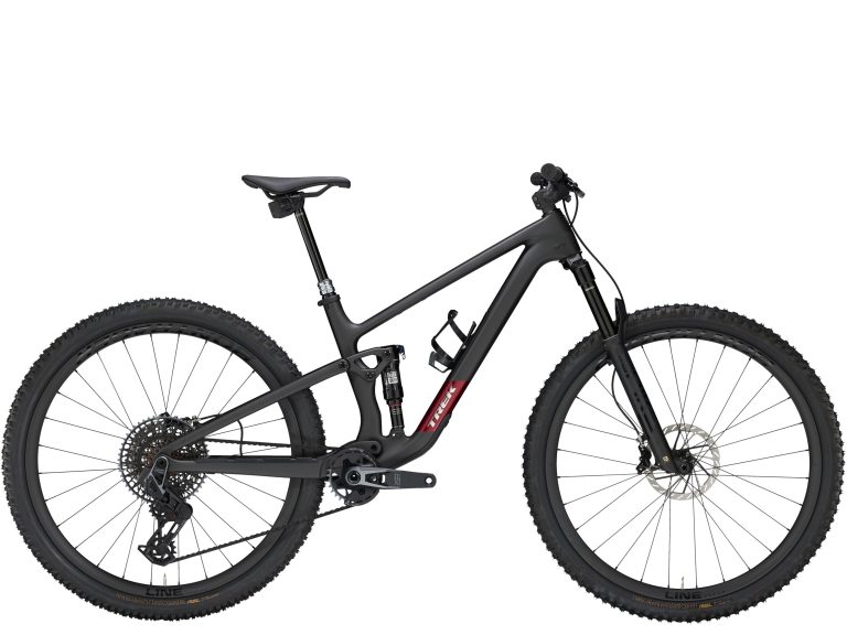 Trek Top Fuel 9.9 X0 AXS 2025, VTT tout-suspendu de trail à cadre et roues carbone, vue de profil