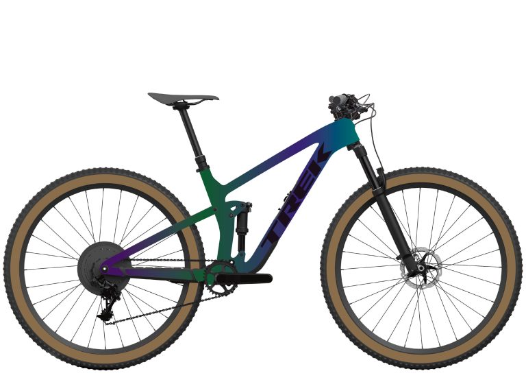 Trek Top Fuel 9.9 XX AXS T-Type 2024, VTT tout-suspendu carbone à transmission sans fil, vue de profil