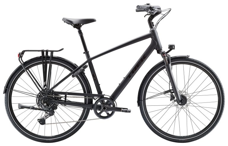 Trek Verve 3 Equipped 2025, vélo de ville à moyeu dynamo et fourche suspendue, vue de profil