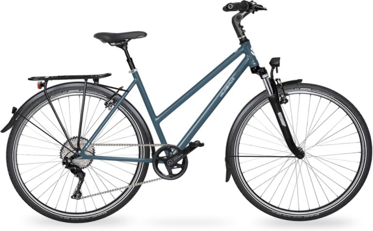 Velo de Ville A200 2024, vélo urbain à fourche suspendue et cadre Trapèze, vue de profil