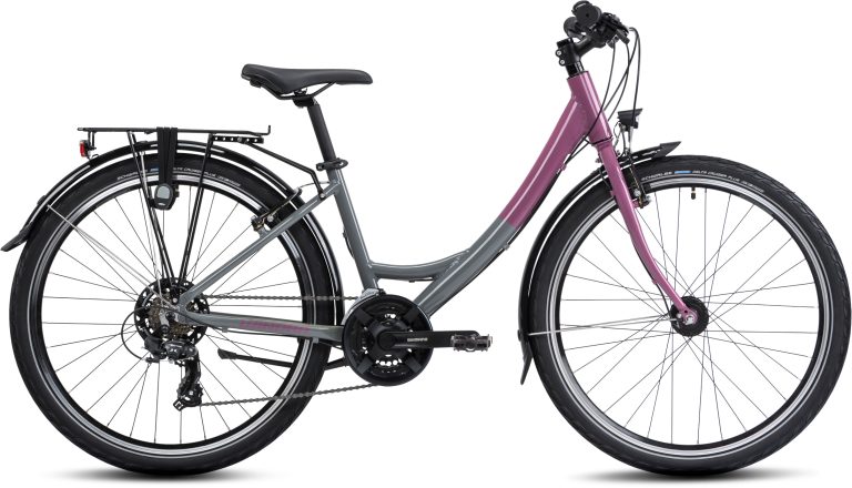Winora Chica 26 pouces 2024 en coloris cool grey et lilac purple, vélo junior à cadre aluminium, vue de profil