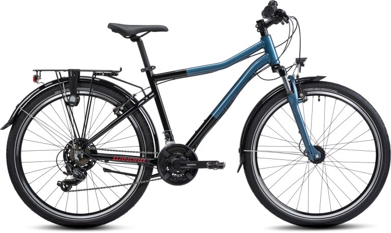 Winora Dash 26 pouces 2024 en coloris noir et bleu moderne, vélo junior à fourche suspendue, vue de profil