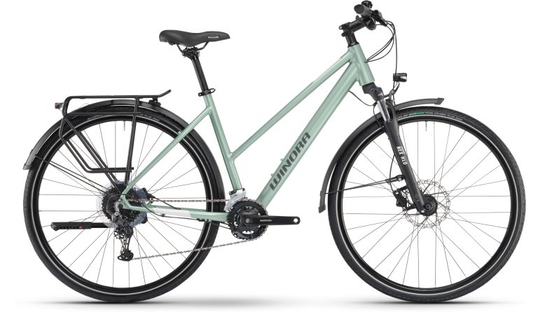 Winora Domingo X18 Mid metallic sage 2025, vélo de ville aluminium à cadre bas, vue de profil